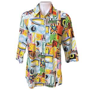 Shana Abstract Graffiti Shirt Button Up Art To Wear Boxy Cotton Size XS